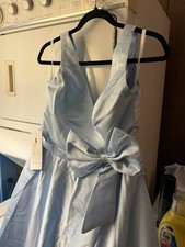 MONDRESSY Women’s S Light Blue Satin V-Neck A-Line Long Bow Dress Pockets picture