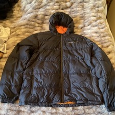 Eddie Bauer Men's Down Hooded Puffer Jacket Full Zip Pockets Black/Orange L picture