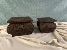 Pair of Embossed Metal Decorative Lidded Boxes, Brown, Nesting, Leaf/Berry Desig picture