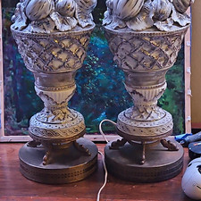Pair Ceramic Table Lamps White/Black Floral Fruit Motif Antique Brass Base picture