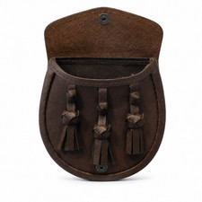 Scottish Leather Brown Handmade Kilt Sporran| With 3 Tassels And Chain Belt picture