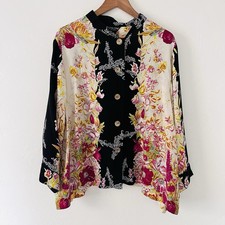 Citron Santa Monica 100% Silk Black Floral Long Sleeve Top Blouse L/XL picture