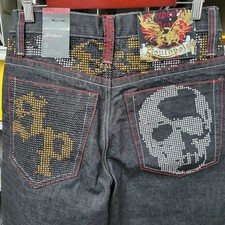 Vtg Southpole Mens Freedom Raw Black Rhinestone Skull Studded Baggy Jeans 30x32 picture