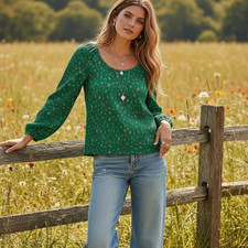 NEW Loft M Top Green Floral LS Knit Cottage Coastal Whimsy Boho Chic Botanical picture