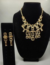 Chico's Statement Bib Necklace Dangle Earrings Set 2 Pc Gold Tone Crystal picture