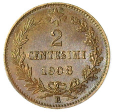 KINGDOM OF ITALY VICTOR EMANUEL III 1908R 2 CENTESIMI (KM#38) BN UNC. picture