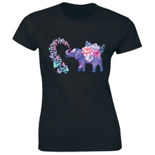 Beautiful Elephant Art Nature with Flowers and Butterflies Cute Women's T-Shirt picture