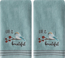 Beautiful Aqua Hand Towel Set 2pc Embroidered Soft Bathroom Kitchen Towels picture