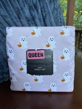 NEW Cynthia Rowley Pink Halloween QUEEN Sheets Set 4pc Ghost With Pumpkins TRHW picture