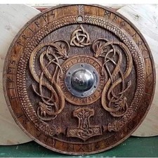 24 Inch Medieval Wooden Norse Carving Round Viking Shield Celtic Ornament Battle picture