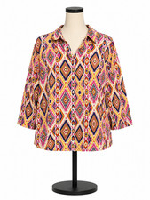 Chico's Womens Button Down Top Size 2 US Medium Printed Blouse 3/4 Sleeve Linen picture