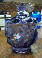 Fenton Paisley Swirl Candy Dish w/ Lid Voilet Purple Daisies Hand Painted Signed picture