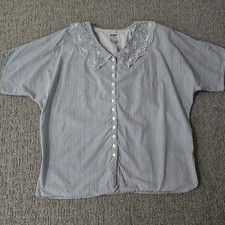 Vintage 90s At Last Blouse M Blue Stripe Embroidered Floral Collar Cottagecore picture