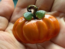 Vtg Unmarked Orange Enameled Pumpkin Autumn Fall Gold Tone Brooch Pin picture
