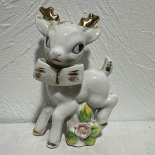 Wales White Deer Reindeer Figurines Japan MCM Flowers Gold Paint Vintage 1950's picture