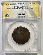 1787 New Jersey Coppper Colonial Maris 43-d Bulbous Nose ANACS VG-10 Details picture