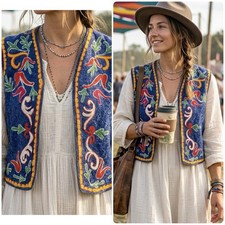 Vtg EUC Hand Embroidered Folk Art Vest Womens S Cottagecore Boho Floral Festival picture