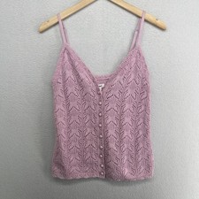 AERIE Tank Top S Pointelle Crochet Knit Button Front Cami Cotton Pink NEW picture