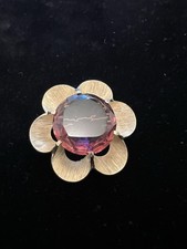 Vintage Trifari Round, Purple Rhinestone, Gold Tone Brooch picture
