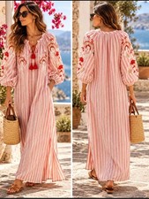 ELEVEN March 11 Embroidered Linen Maxi Dress Pink Stripe Tassel Size M picture