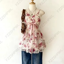 Womens Fairycore Y2K Aesthetic Top Cami Halter Lace Tank Streetwear Shirt S-XL picture