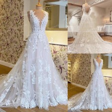 Elegant V Neck Beach Wedding Dresses Lace Appliques Backless Gowns Court Train  picture