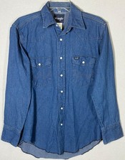 Vtg Wrangler Western Pearl Snap Shirt Mens M Blue Denim X-Long Tail Ranch Rodeo picture
