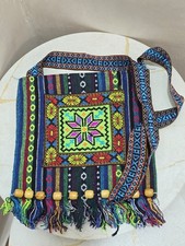 Boho Ethnic Crossbody Bag Vintage Tribal Woven Shoulder Purse Fringe Wood Beads picture