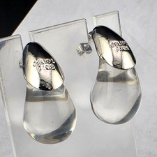 Vintage Signed Celine Paris Clear Lucite Silver Plate Hoop Pierced Earrings picture