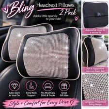 2 Bling Rhinestone Car Headrest Neck Pillows Memory Foam Cushion Black Silver picture