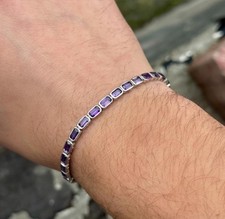 925 Silver Baguette Amethyst Gemstone Purple Chain Bracelet picture