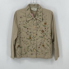 Vintage Tantrums Floral Embroidered Tan Button Up Jacket 100% Cotton Large picture