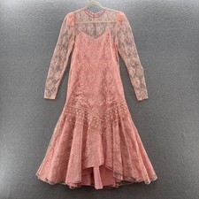 VTG 80s Dress Small Pink Lace Romantic Drop Waist Midi Maxi Formal Union Made picture