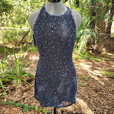 Scala XL Blue/Black Beaded Halter Sheath Short Dress Open Back Lined Silk picture