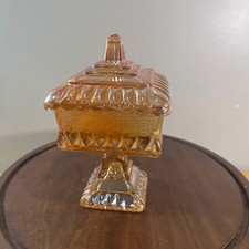 Vtg Westmoreland Marigold Carnival Glass Wedding Cake Box Footed Candy Dish Lid picture