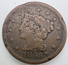 1855 Braided Hair Large Cent Knob on Ear N-9 • Rare Slanted 5’s - VG w Damage 1c picture