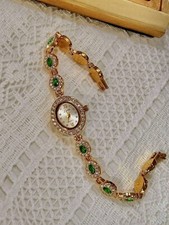 Women’s Gold And Green Crystal Vintage Luxury Oval Watch picture