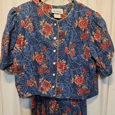 Vtg Miss Dorby 2 Pc Jacket Dress Set 18 Blue Floral Paisley Cottagecore 80s 90s picture