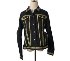 Vtg 90s Tantrums Womens Black Cotton Jacket Size Large Gold Metallic Braid Trim picture