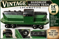 VTG Handmade Primitive Folk Art Heavy Wooden Train Locomotive 14” Rolling Toy picture