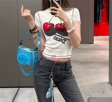 Lady Diesel Red line Cherry Graffiti Cotton Slim fit short sleeved Shirt picture