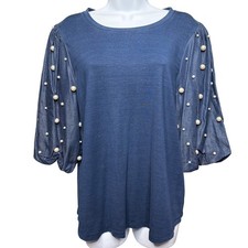 NWT CHICO'S Womens Blue Pearl Embellished Puff Sleeve Top Sz 2/L Denim Look Chic picture