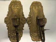 Pair Antique Brass Wall-Mount Candle Sconces Ornate Scroll Backplates picture