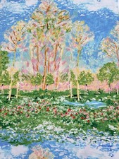 VTG Monet Garden Print Cotton Fabric Floral Trees & Blue Clouds 4.5 YDS x42 Soft picture