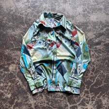 Vintage 70s Abstract Geometric Disco Blouse Green Double Knit Button Up Large picture