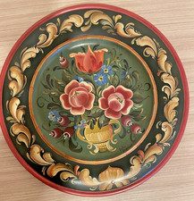 SIGNED Vintage Norwegian Rosemaling Hand-Painted Wood Plate Nordic Folk Art 12