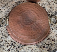 Vintage French Copper Gratin Pan Hand Hammered Tin Lined Brass Handles 9 Inch picture