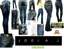 Womens Bootcut Jean Stretch Denim Mid Rise Rhinestones Jack David &LA Idol picture