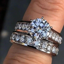 Moissanite Bridal Set Engagement Ring 3.00 Carat Round Cut Solid 14K White Gold picture