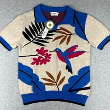 NEW OxKnit Polo Hummingbird Print Anima Retro Large Mens Blue Beige Shirt picture